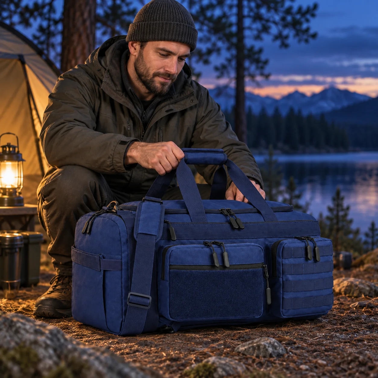 50lの3wayタクティカルトラベルダッフルバッグ。スポーツ用バックパックとしても、週末旅行用バッグとしても使用可能。シューズや濡れた衣類を収納できるポケット付き。キャンプやトレーニングに最適。