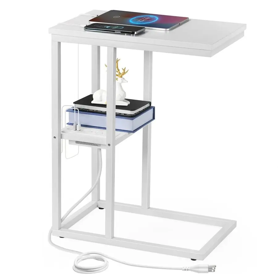 

C-образный торцевой столик с зарядной станцией, небольшой приставной столик для дивана, приставной столик для закусок с USB-портами и розетками для небольшого пространства