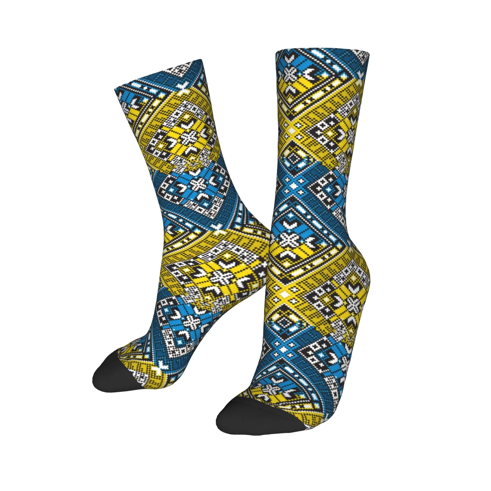 

Custom Yellow and Blue Ukrainian Dress Socks Men's Women's Warm Fashion Novelty Bohemian Geometric Crew Socks