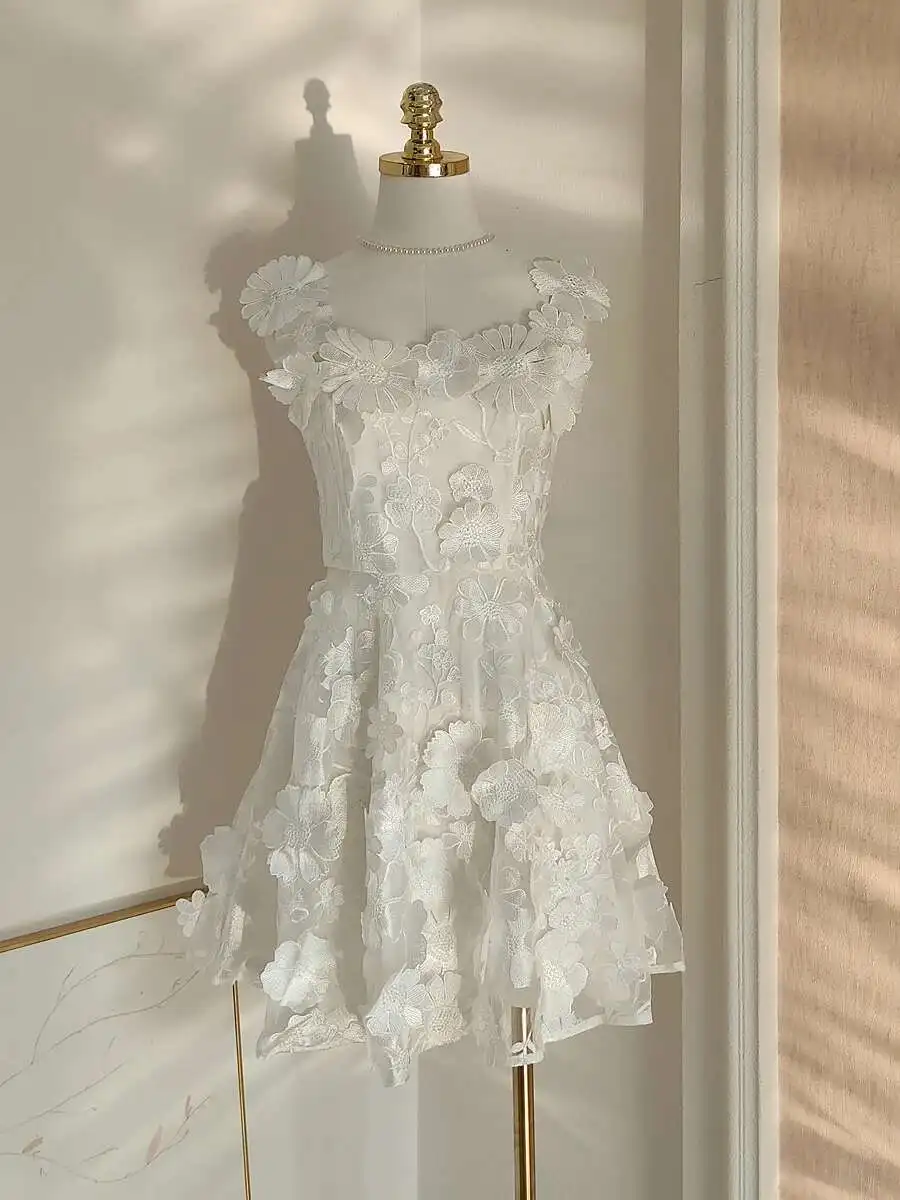 Luxury Embroidery Floral Evening Dresses Women Summer Elegant 3D Flower Straps Sundress White Party Wedding Dress Bridesmaid