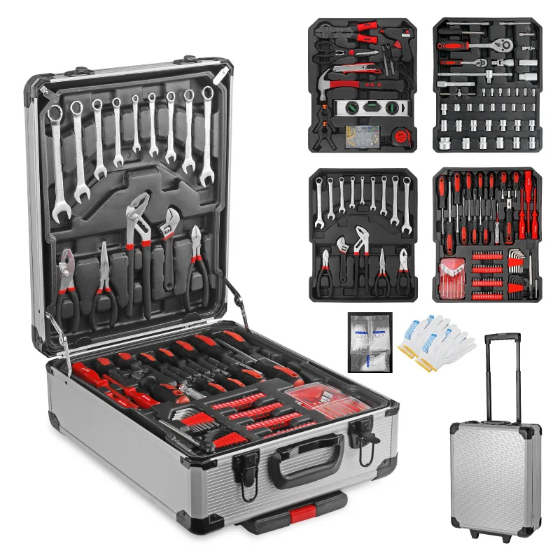Aluminum Rolling Tool Box, Household Hardware Set with Wrenches, Pliers and Sockets