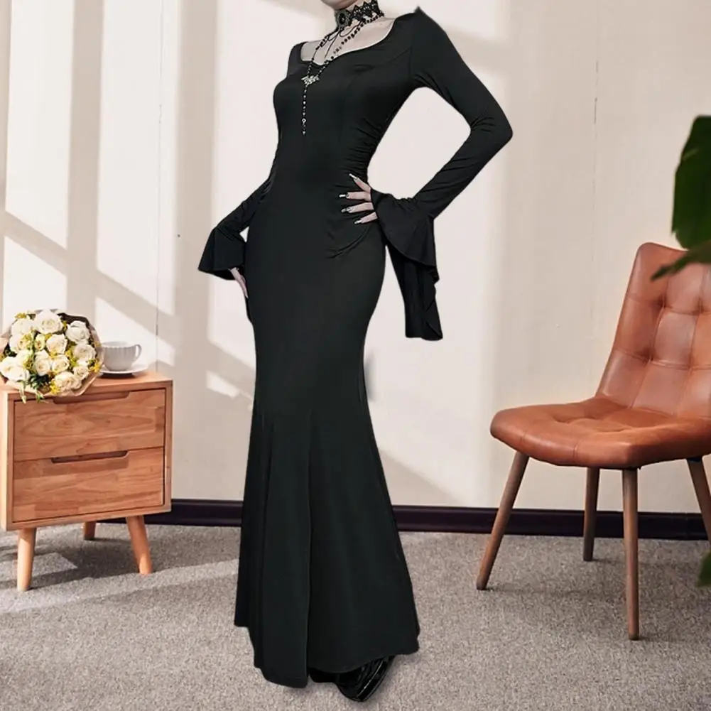 

Women Halloween Dress Fish Tail Hem Slim Fit Dress Irregular Ruffle Cuff Bell Sleeves U Neck Cosplay Performance Maxi Dress