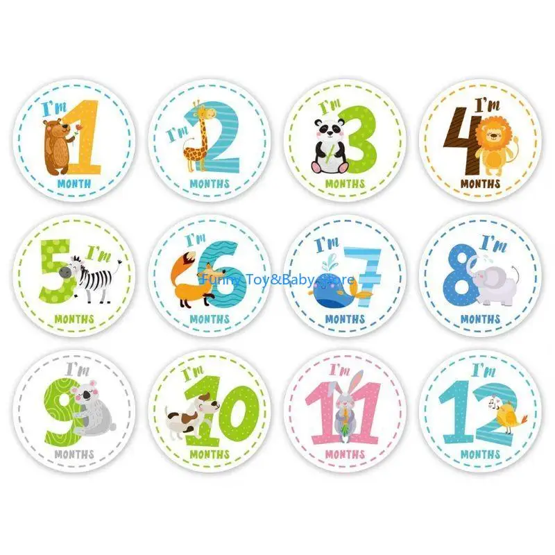 C90B Boho Animals Adesivi per il mese neonato per bambino Neutro genere (12 conteggi)