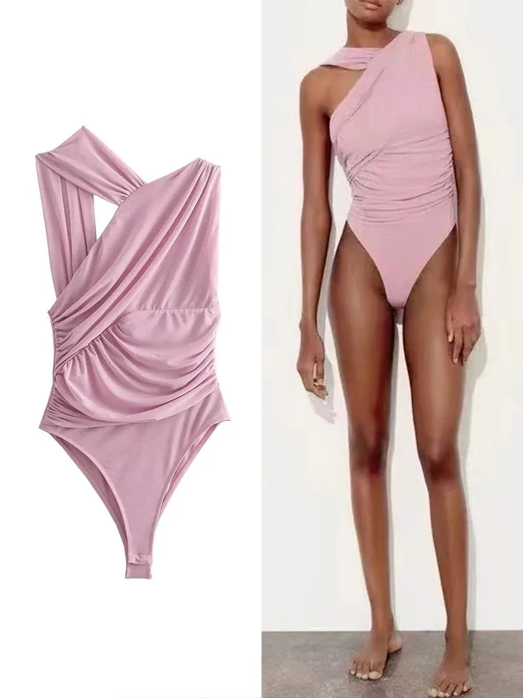 

ZABA женская мода косой шеи Ruched Bodysuit Розовый Элегантный Сексуальный Жилет Чистый Цвет Асимметричный Дизайн Висит Шеи Танк Топ