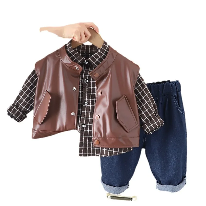 Boy's spring and autumn set 2024 new baby autumn leather vest three-piece baby shirt boy tide 80-120cm