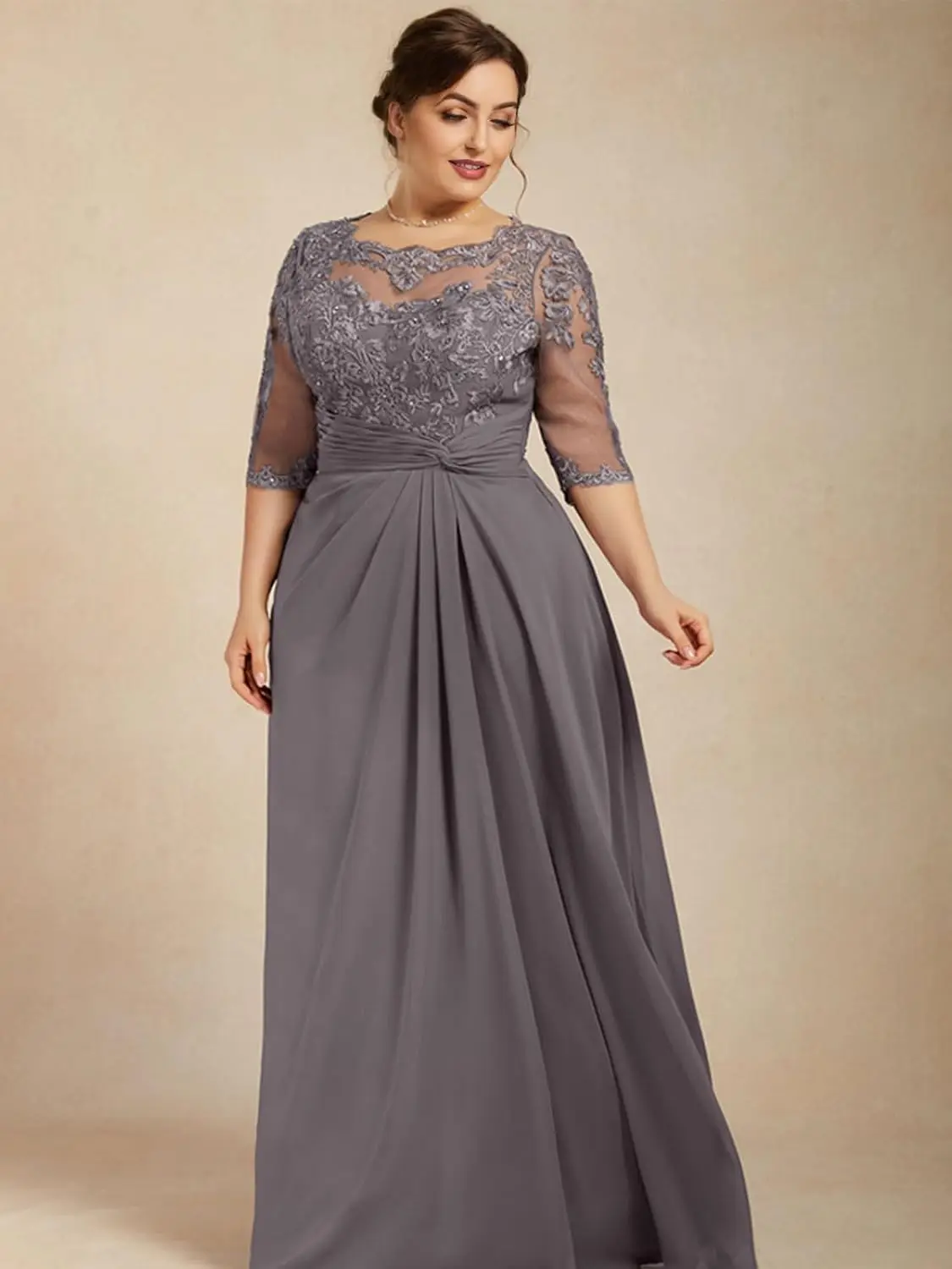 

Chiffon Mother of The Bride Dresses for Women - Lace Appliques 3/4 Long Sleeve Ruched Wedding Guest Formal Evening Dress