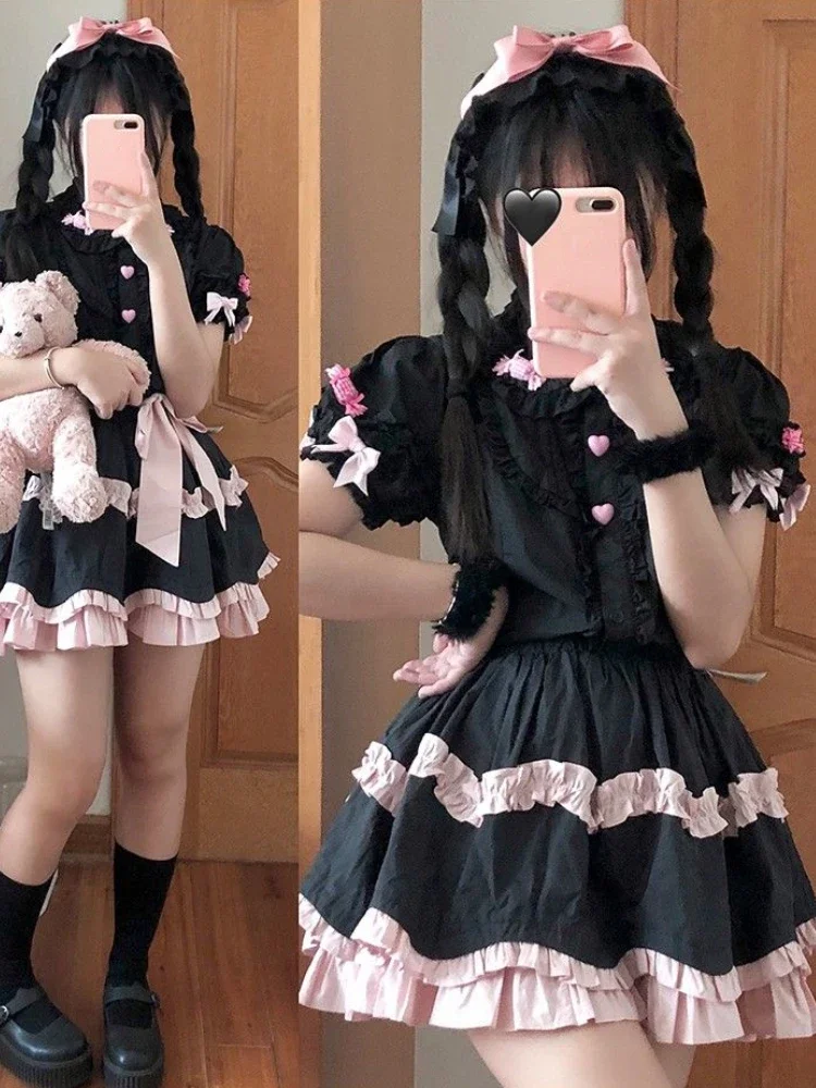 Black Pink Japanese Kawaii Lolita Skirt Women Bow Gothic Y2k Sweet Strap Skirt Female Korean Style Princess Fairy Skirt 2024 New