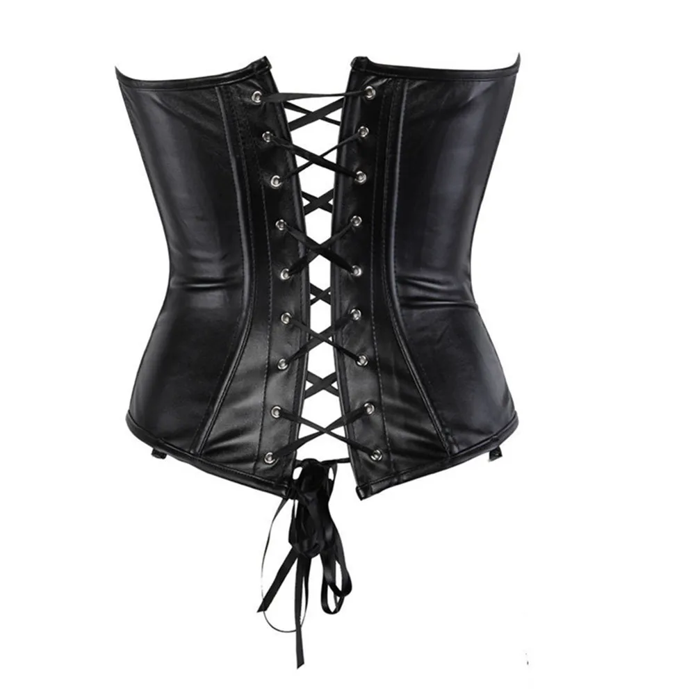 Faux Leather Overbust Corsets Sexy Zip Front Side Lacing Strapless Women\'s Bustier and Corset Lingerie Tops Steampunk Clothing