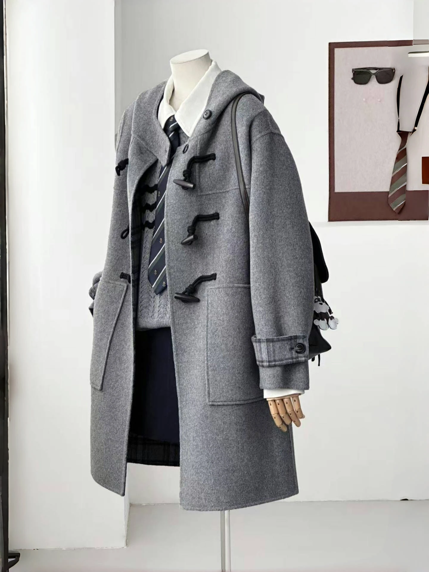 Casual Woolen Double-Faced Coat Women's Long Coat Buttoned Hooded Loose Fit British Style Autumn Winter Fashion College Trend