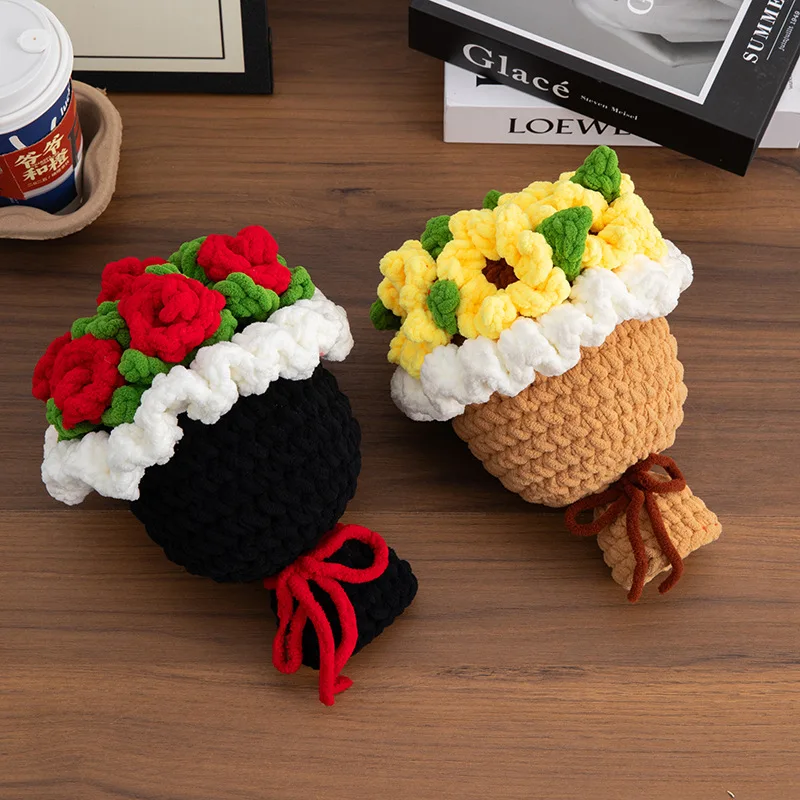 Rosa girassóis plantas de pelúcia crochê acabado malha criativa segurando buquês dia das mães aniversário formatura presente