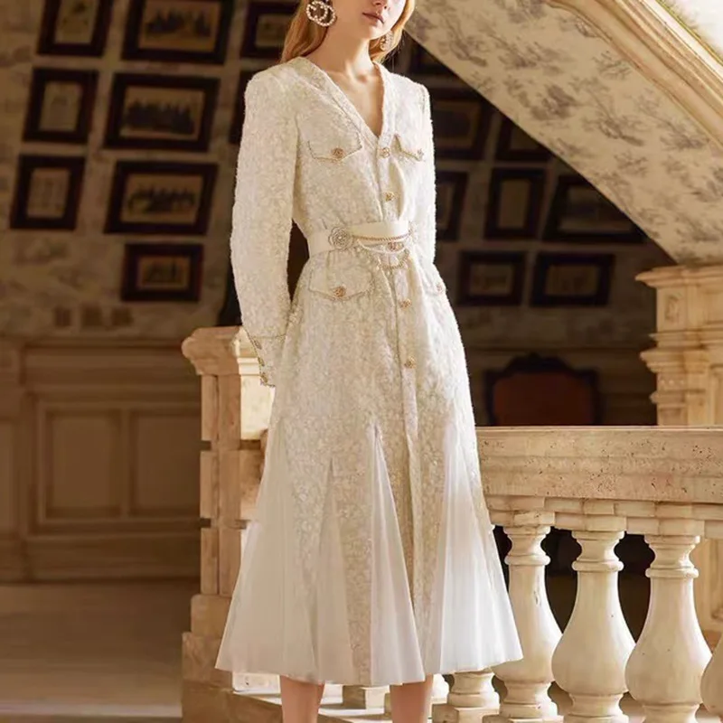 

Light Luxury Mesh Mermaid Big Swing Dresses Spring Women Lace Embroidery Long Dress Autumn High Waist Zipper Knee Length Dress