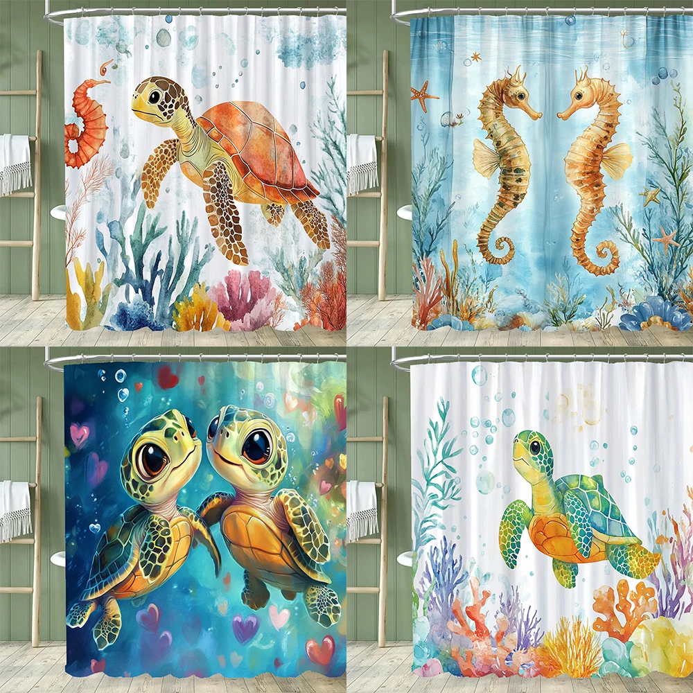 Underwater World Turtle and hippo Fish Shower Curtain, Ocean Bathroom Decor Shower Curtain, Waterproof Shower Curtain with Hooks