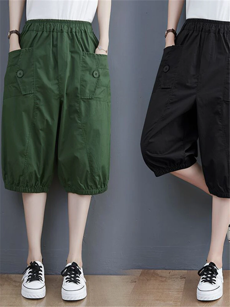 

Casual Harlan Women's Pants Elastic Waist Slimming Five-Quarter Length High Waist Korean Style Commute Wind Loose Fit Summer ...
