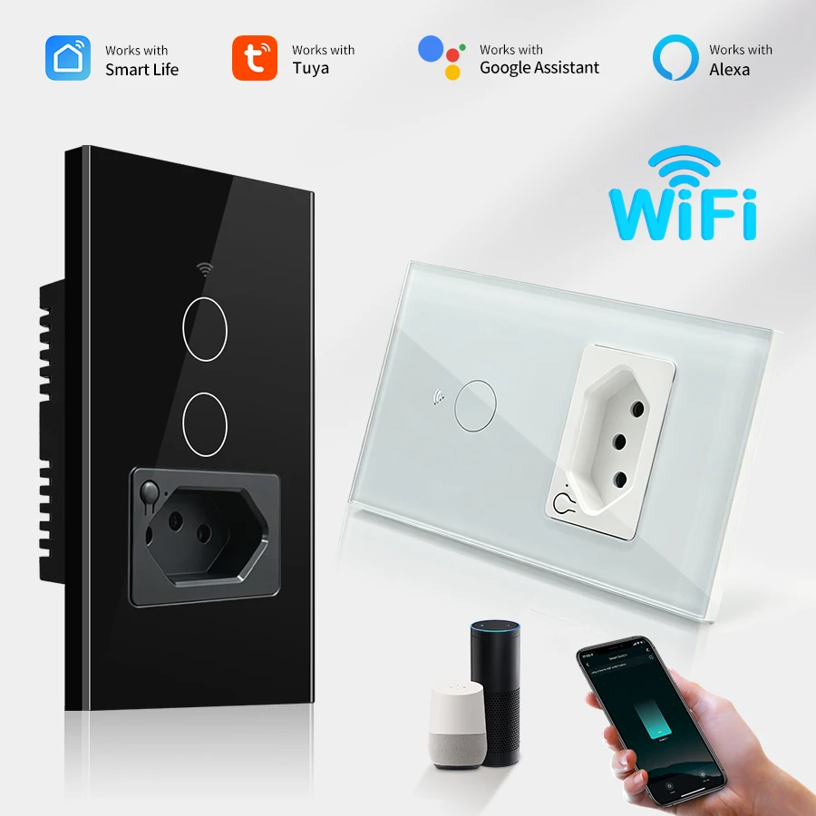 Tuya Smart Wi-Fi Switches With Brazil Socket 1/2 Gang Smart Switch Touch Sensor Wall Switch Smart Home APP Alexa Google Home