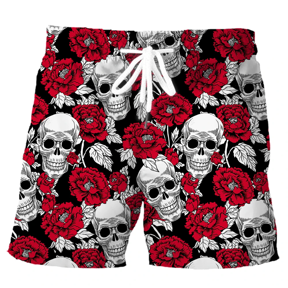 HX Fashion Men Shorts Red Rose Skull Art 3D Printed Board Shorts Summer Casual Sports Pants Men Clothing Dropshipping