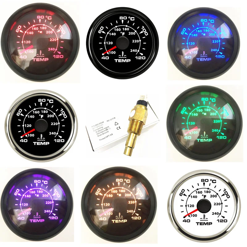 

52mm Pointer Water Temperature Gauges 40-120Degree Black Devices Water Temp Sensors M14x1.5 M16x1.5 NPT38 for Auto Boat Truck RV