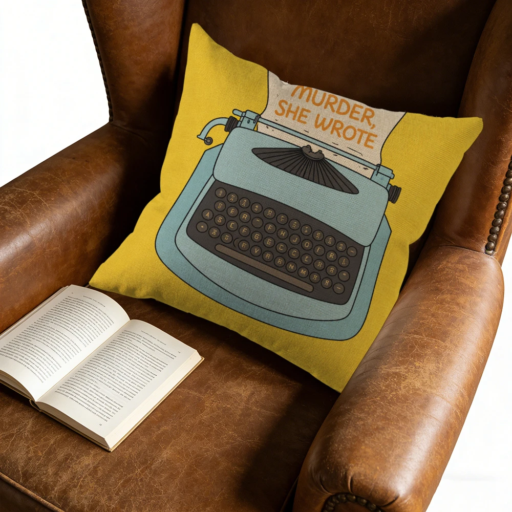 Square Throw Pillow Yellow Typewriter With Murder She Wrote Text Home Decor For Living Room Bedroom Or Office