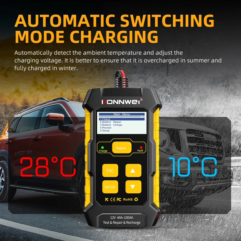 KONNWEI KW510 Car Battery Tester Full Automatic 12V Pulse Repair 5A Battery Chargers Cranking AGM Gel Car Repair Tool PK BM550