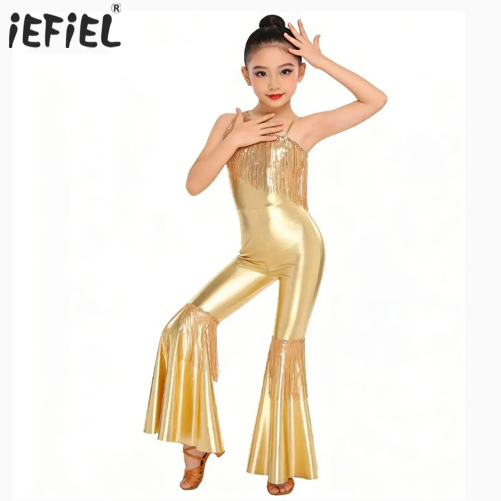 

Kids Girls Sequins Hippie Disco Jazz Dance Performance Costume Tassels Unitards Bell-bottom Long Pants Bodysuit Flared Jumpsuit