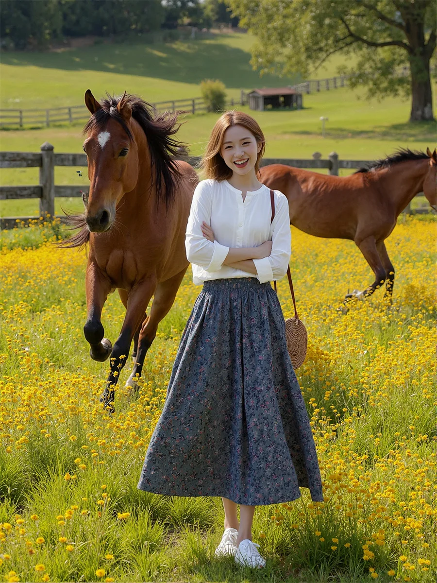 Floral Printed A-line Skirts Womens Pleated Layered Mesh Tulle Ruffle Waist Applique Cake Elegant Sweet Kawaii Bohemian Feminina