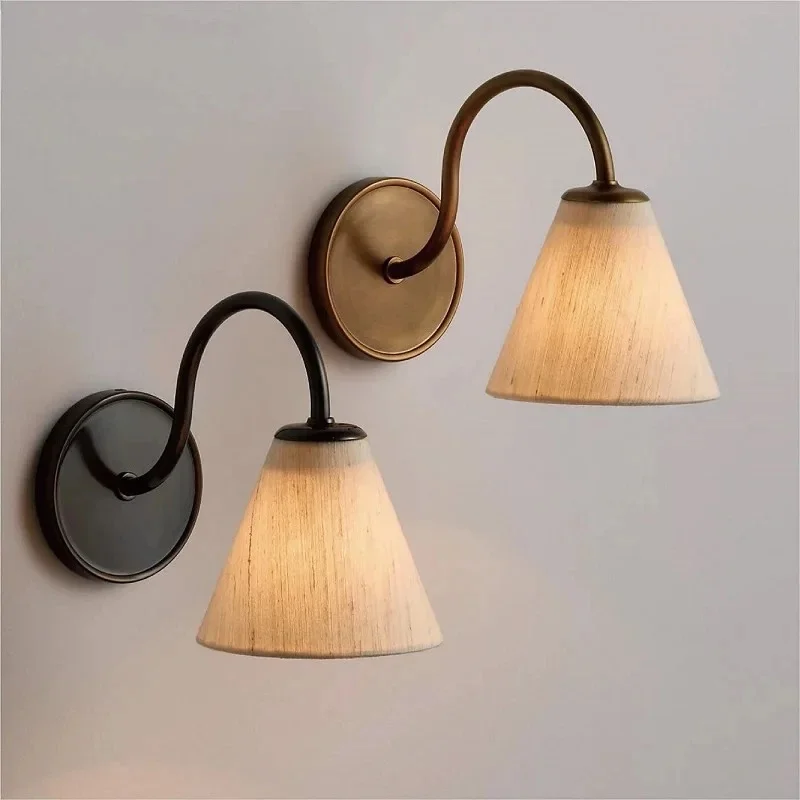 Modern Curved Arm Wall Lamp Brass Metal Frame Fabric Conical Lampshade Wall Sconce Bedroom Bedside Reading Light Indoor Home