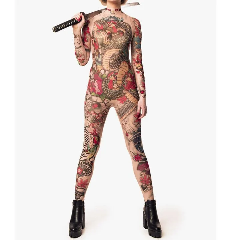 

Halloween New Tattoo Printed Dragon Bodysuit Stage Performance Costume See Through Jumpsuit Women Activity Overalls Slim Stretch