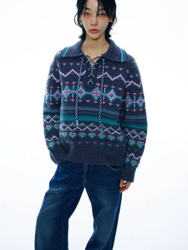 

Hello September Wool Knit Long Sve Sweater with Tie Collar for Women Casual Loose Fit Warm Winter Faion V0003