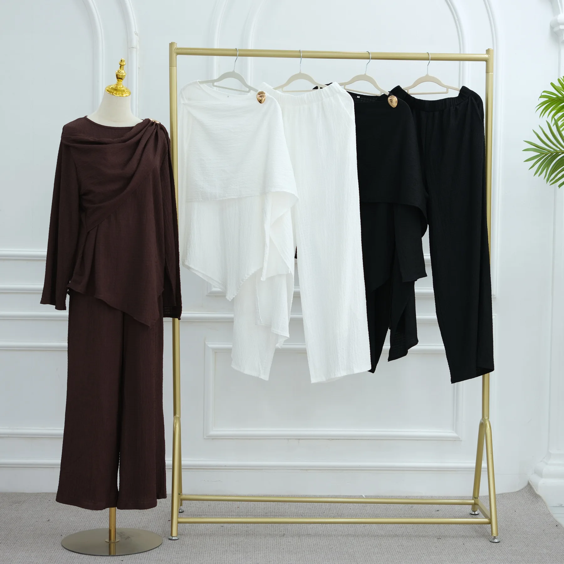 

Ramadan Muslim Women Tops Pants Set Matching Crinkle Islam Clothing Turkey Kaftan Dubai Abaya Outfits Femme Musulmane Ensembles