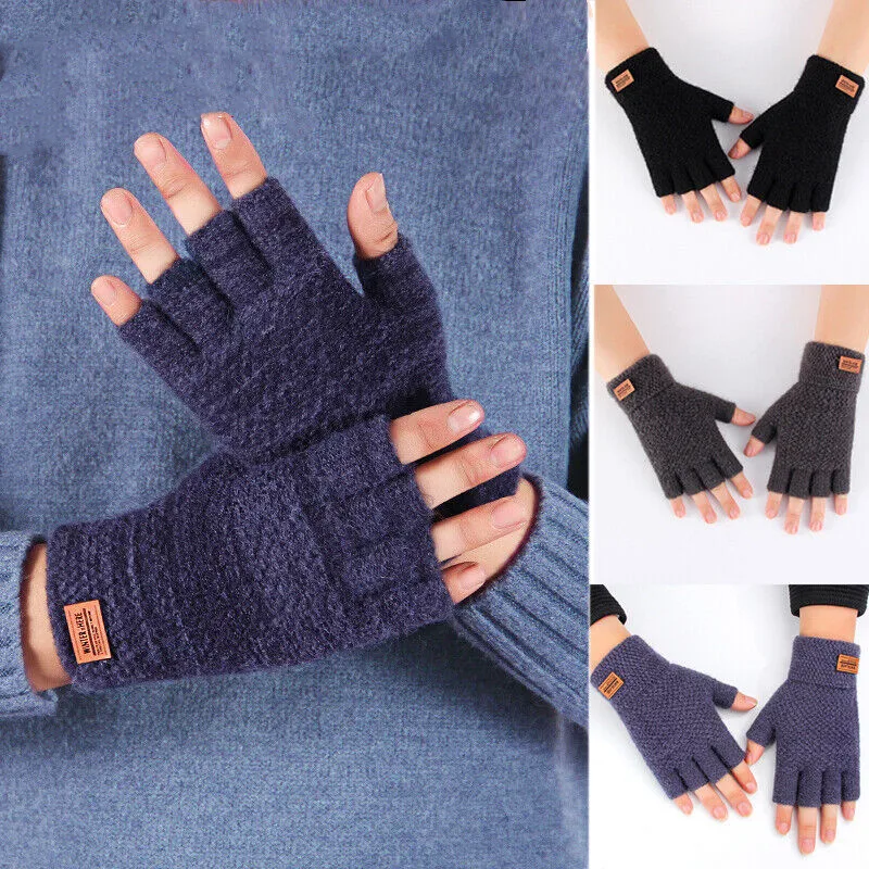 Winter Fingerless Gloves for Men Half Finger Writting Office Knitted Thick Wool Warm Label Thick Elastic Outdoor Driving Gloves