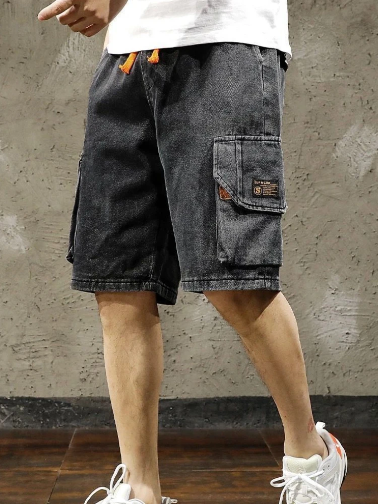 Male Denim Shorts Big Size Cargo Drawstring Men\'s Short Jeans Pants Oversize Summer Cut Xl Stretch Original Thin Popular Blue