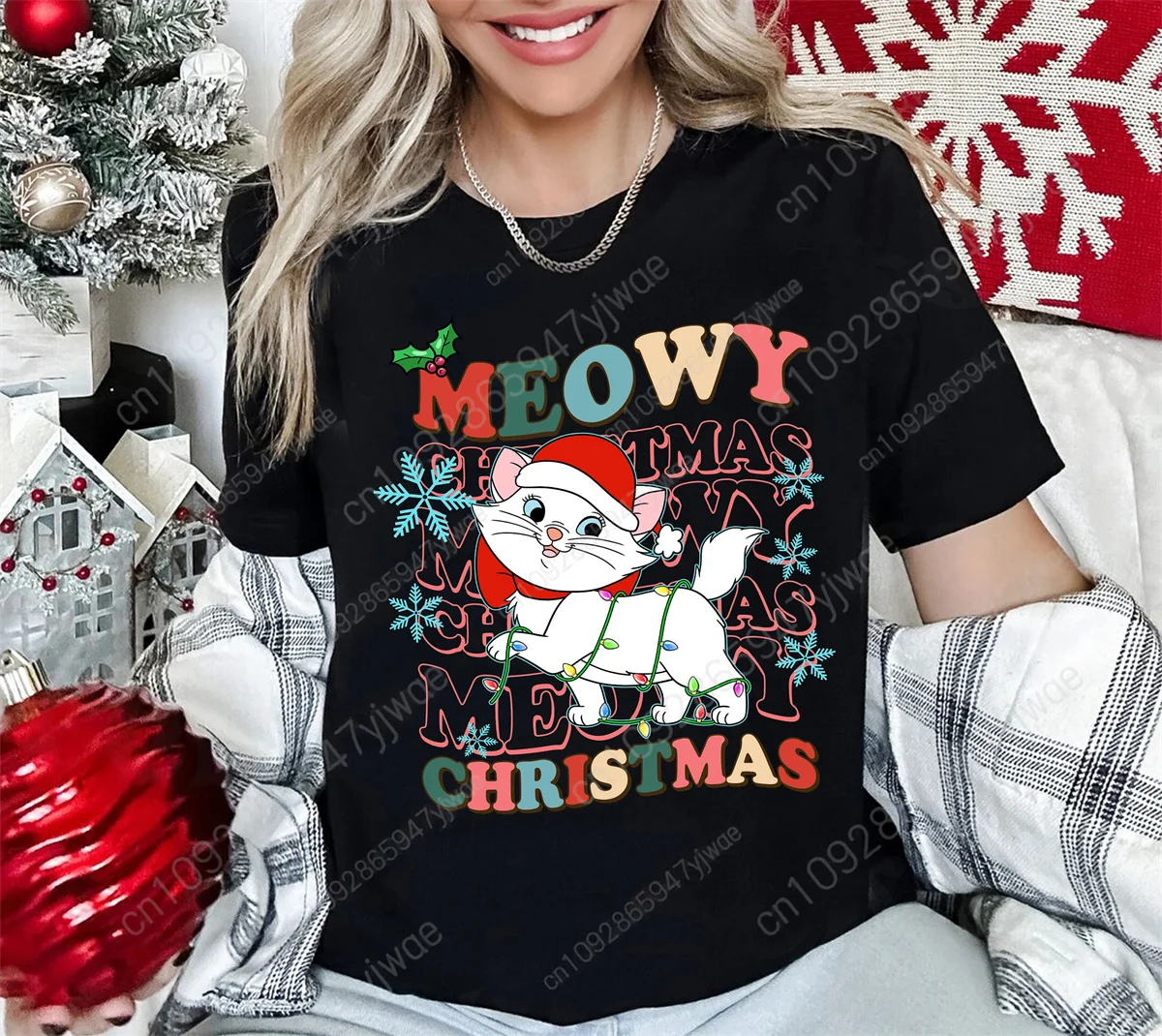The Aristocats سانتا ماري أضواء عيد الميلاد قميص الأسرة عيد الميلاد قميص فضفاض ومريح أعلى الصيف المرأة القطن تي شيرت #6