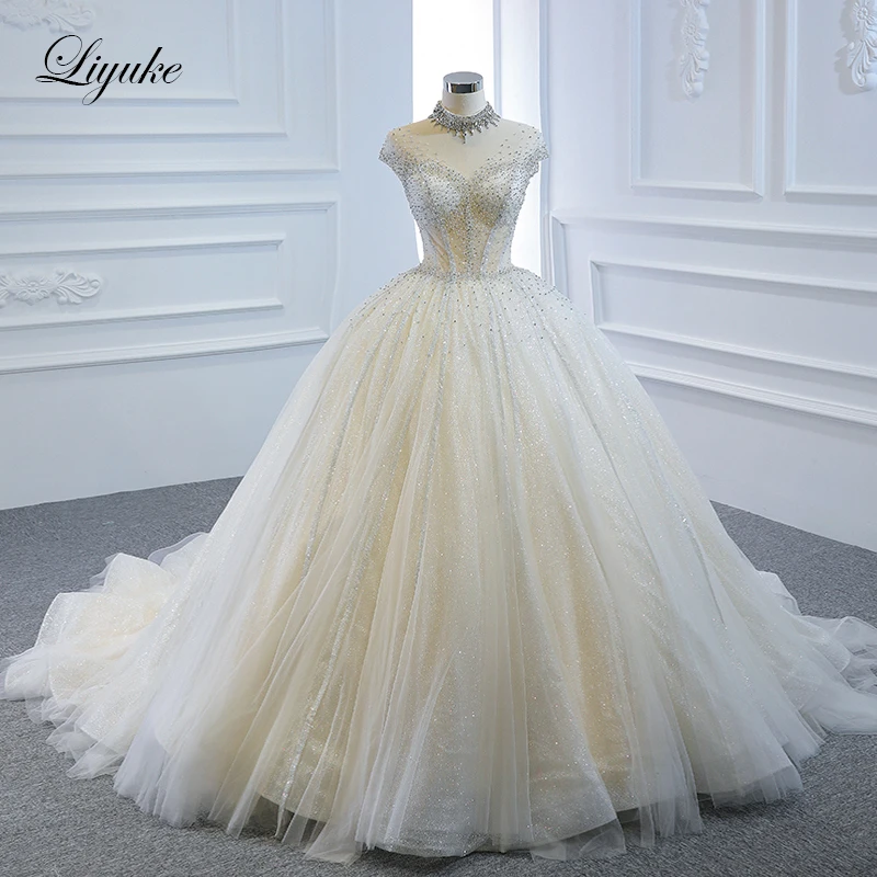 

Liyuke Shiny Lace Beading Crystals High Collar Ball Gown Wedding Dress With Pearls Handwork Bridal Skirts