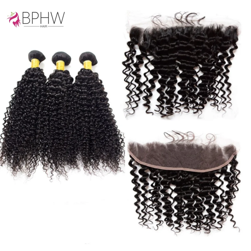 

Kinky Curly 3 Bundles With 13x4 Frontal Hair Natural Color Hair Extensions 100% Human Hair Weave Brown Lace Bundles With Closure