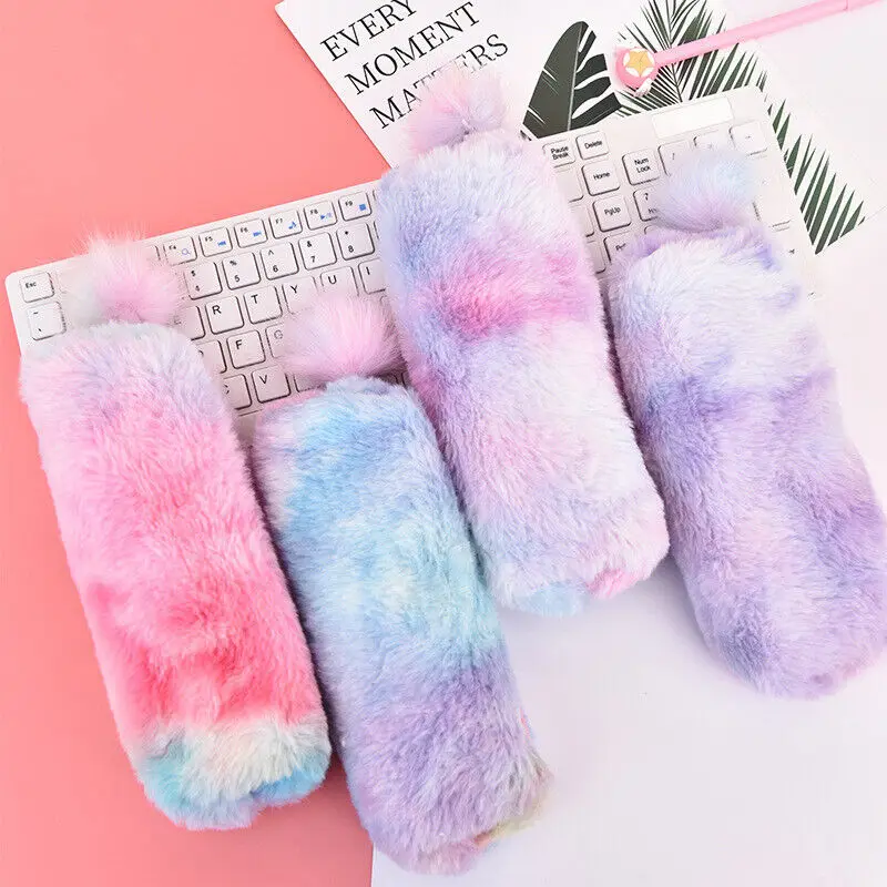 Kawaii Plush Pencil Case Pen Bag Gradient Color Pencil Bags School Stationery Organizer Pouch for Girls Office School Supplies