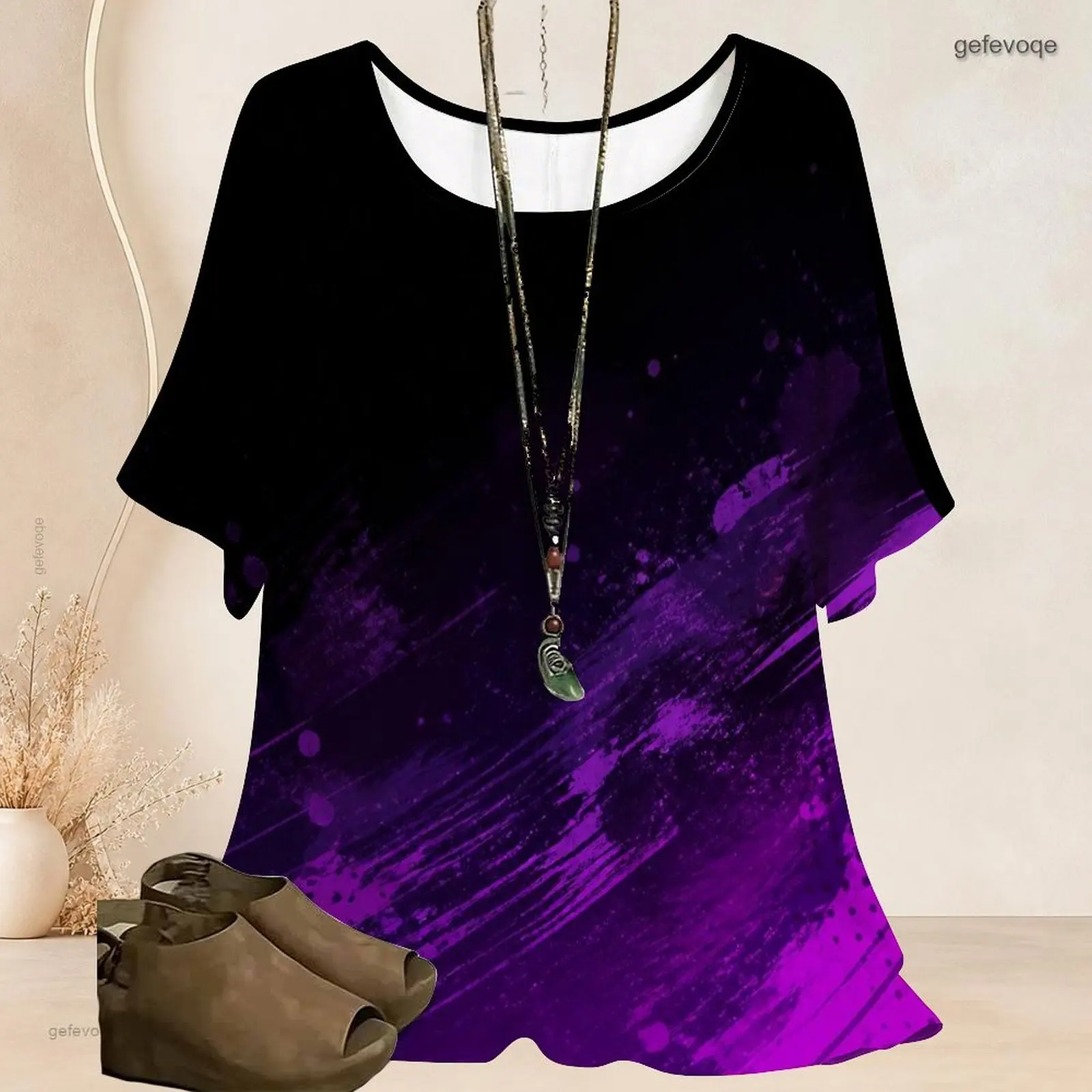 Women Black Purple Abstract Brush Splash Print Round Neck Batwing Sleeve Loose Top