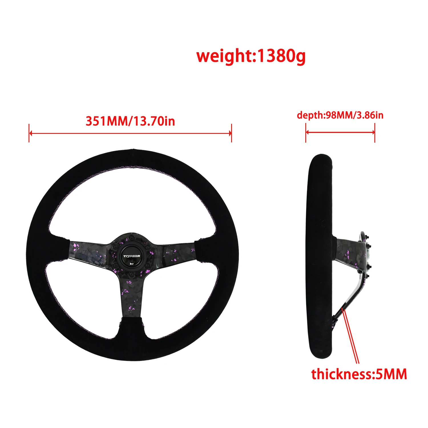 TIYPEOR Universal Three Spoke Purple Float Flower Carbon Fiber Suede Outer Ring High Quality Car Modified Steering Wheel