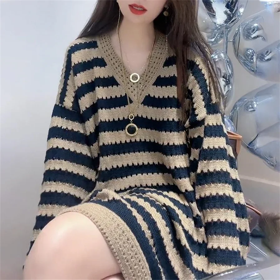 Fashion 2023 Women Autumn New Round Neck Knitted Pullover Striped Long Sleeve Sweater Women's Clothing Streetwear