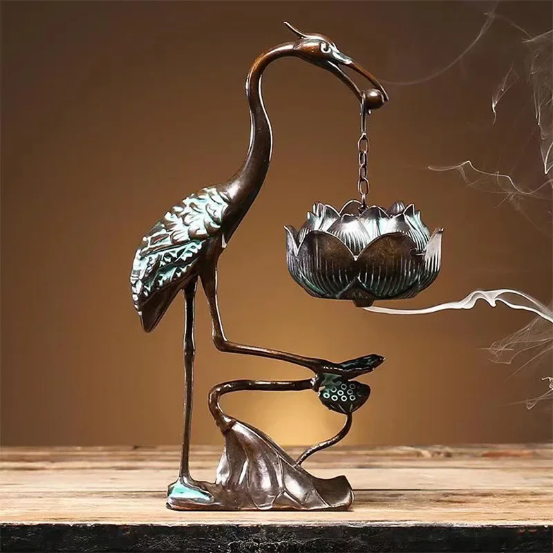 

Copper Plated Big Crane Lotus Incense Burner, Vintage Backflow Furnace, Elegant Home Fragrance Decor, Ruihe Incense Holder