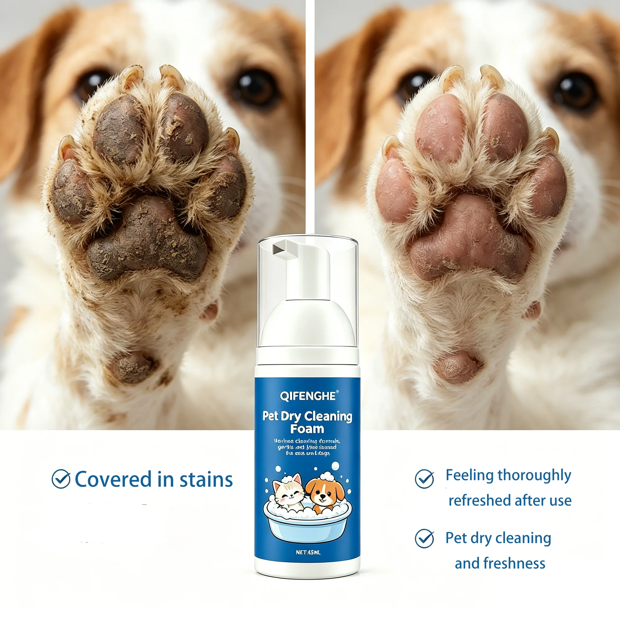 Pet Dry Cleaning Foam, No-Rinse Plant Based Gentle Formula for Cats & Dogs, Deep Cleans Grease Dirt, Moisturizes Fur Skin, Long-