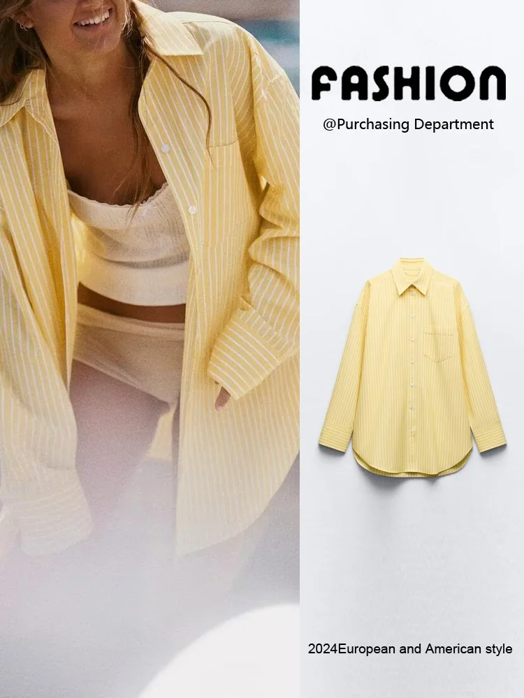 

Summer New Women's Loose Casual Long Sve irt Turn-down Collar Striped Single Button Classic Sle for Young Women 8-24