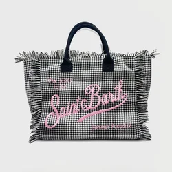 Black Plaid Embroidered Letter Tassel Handbag Summer Beach Canvas Women's Bag Large Capacity Commuting Handbag New Shopping Bag