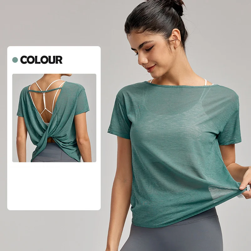 Aiithuug Back Knot Yoga Loose Top Breathable Quick Dry Open Back Workout Tops Gym T Shirts Athletic Cropped Workout Crop Top