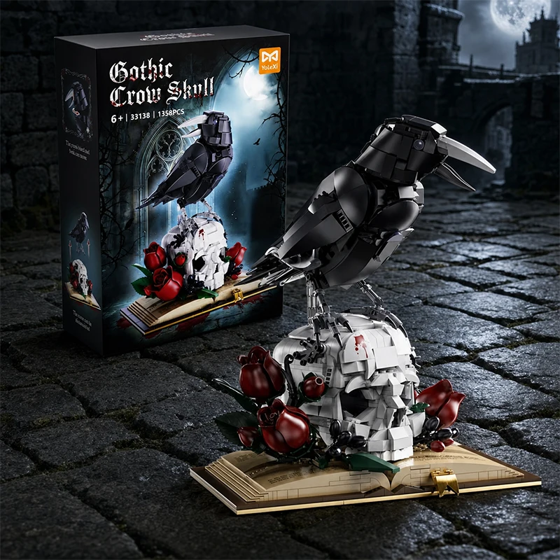 

1358Pcs Gothic Crow Skull Magic Crow MOC Building Blocks Set Spooky Raven Room Decor Desk Display Creative Bricks 3D Toy Gifts