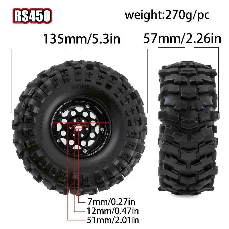 Set di pneumatici per cerchioni Beadlock da 135 mm in metallo da 2,2 "per 1/10 1/8 RC Crawler Car Axial SCX10 H8H YK4083