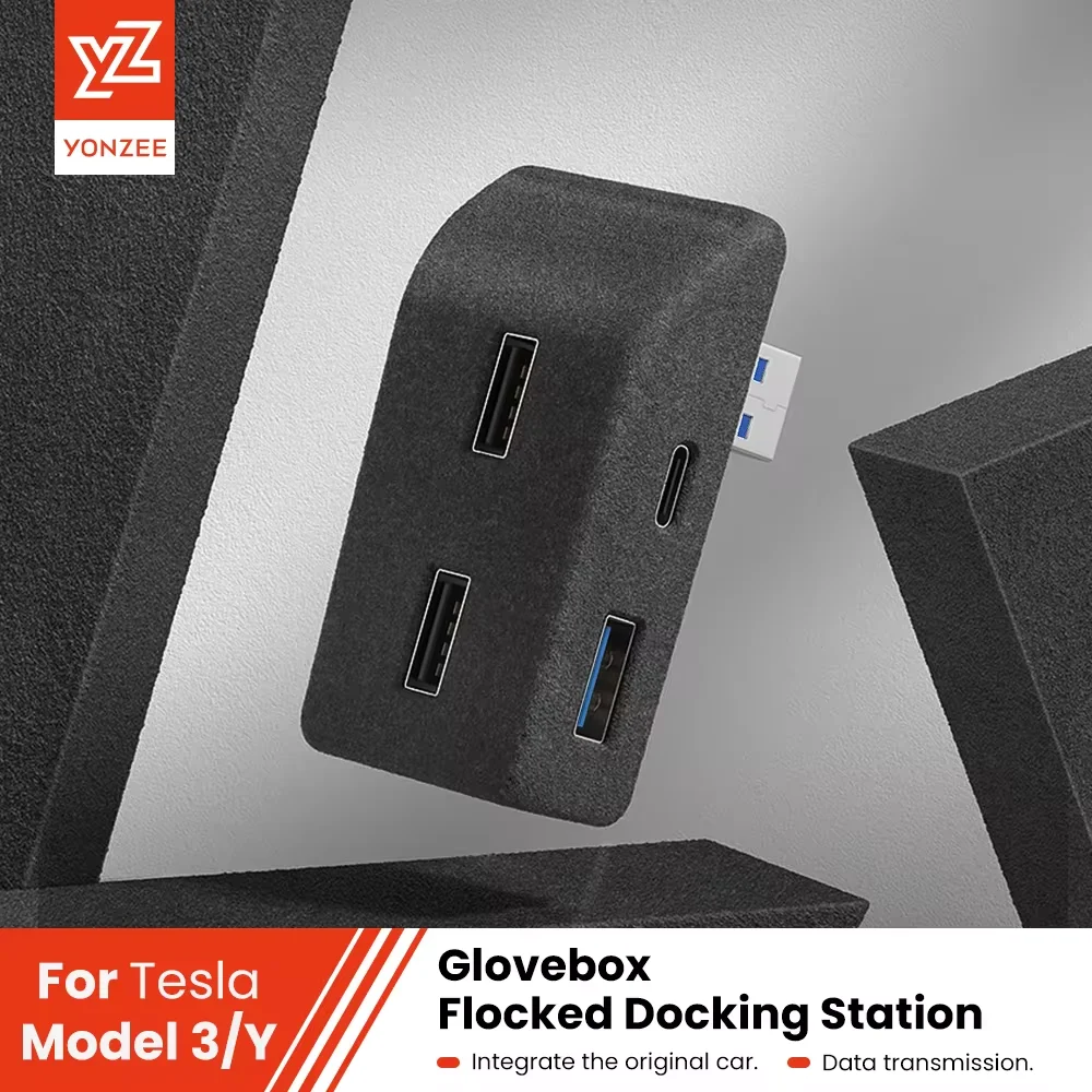 

YZ Glove Box Docking Station For Tesla Model Y Model 3 Quick Charger 4 USB Shunt Hub Flocking Adapter Powered Splitter Extension