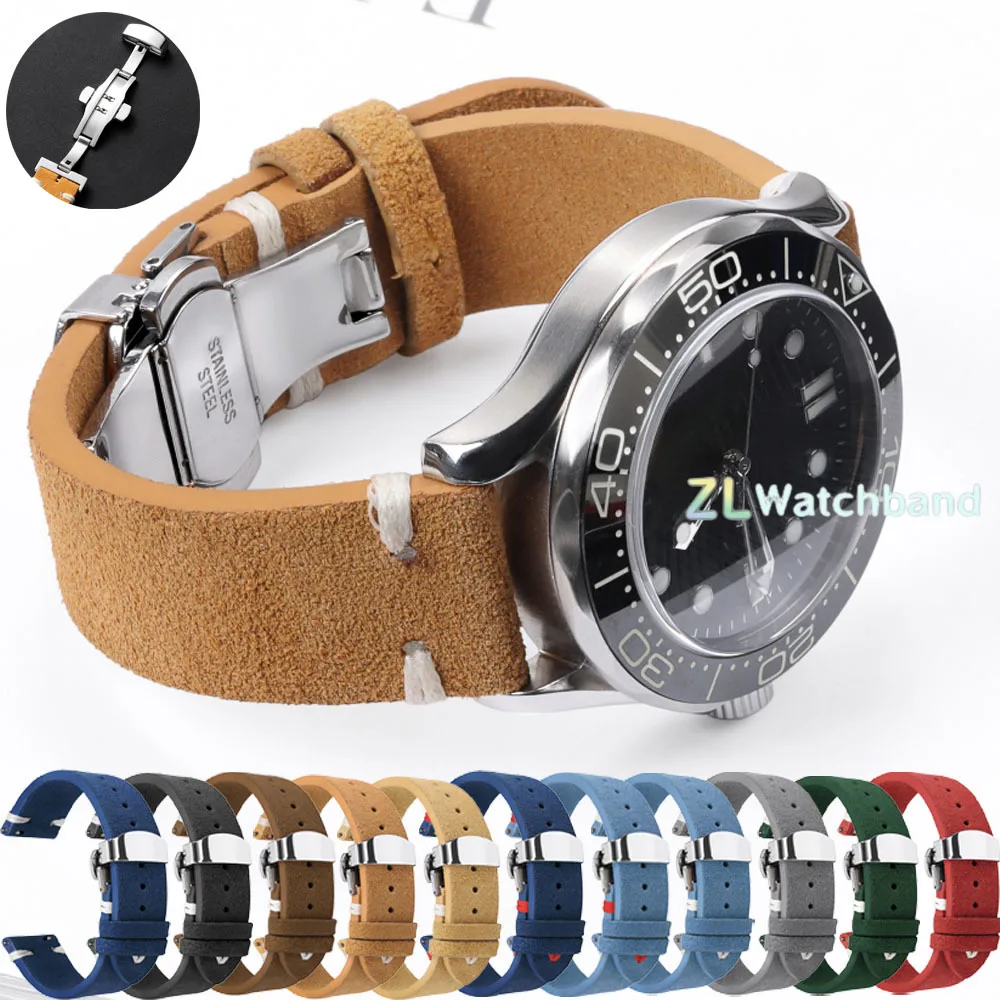 Hochwertiges Wildleder-Lederarmband für Seiko-Uhrenarmband, Schmetterlingsverschluss, Armband, 18 mm, 20 mm, 22 mm, Vintage-Armband-Zubehör