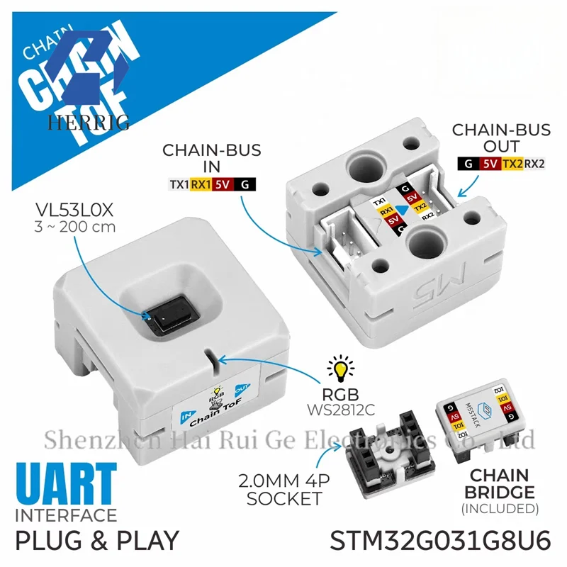 1PCS The official M5Stack Chain ToF, equipped with the VL53L0C laser ranging module, can be expanded with the Chain series.