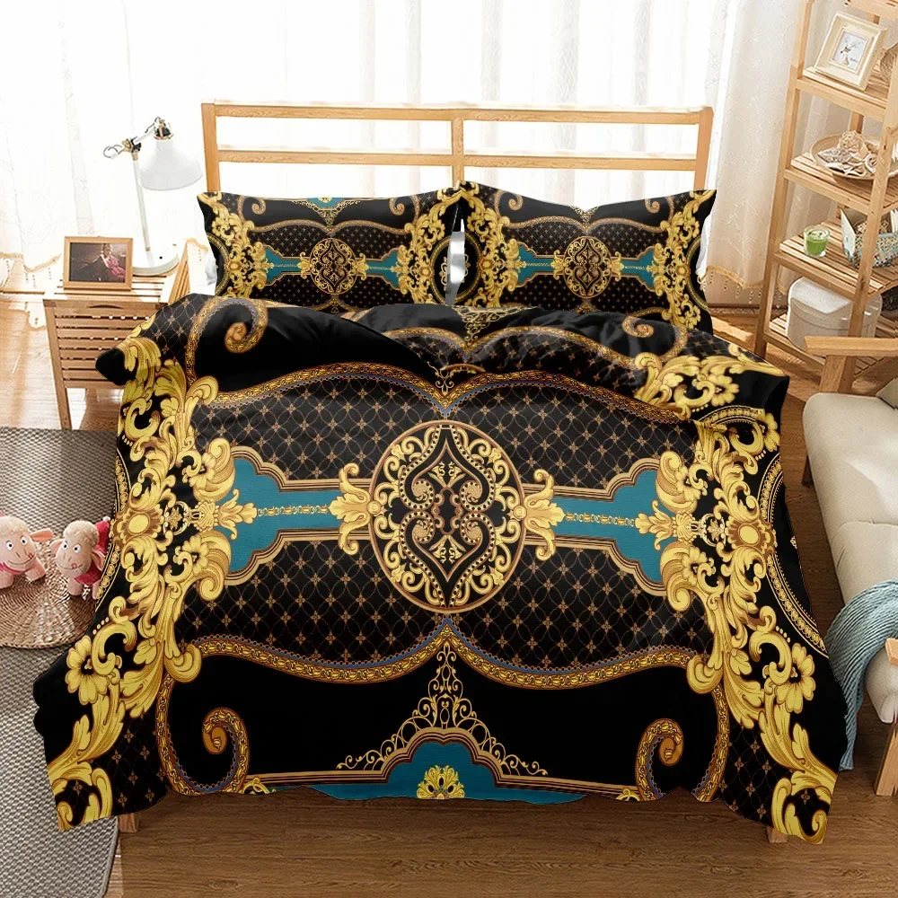Juegos de cama barrocos de lujo, juego de funda nórdica dorada y negra, juego de funda de edredón doble Queen King Size para ropa de cama de regalo