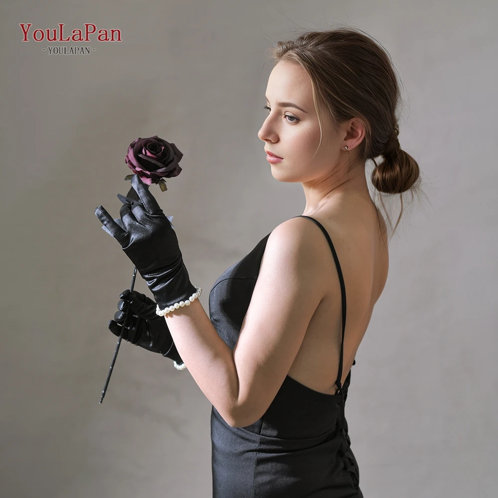 

YouLaPan T14 Short Wrist Length Women's Gloves Black Smooth Satin Bridal Gloves For Prom And Evening Dresses Daily Wear