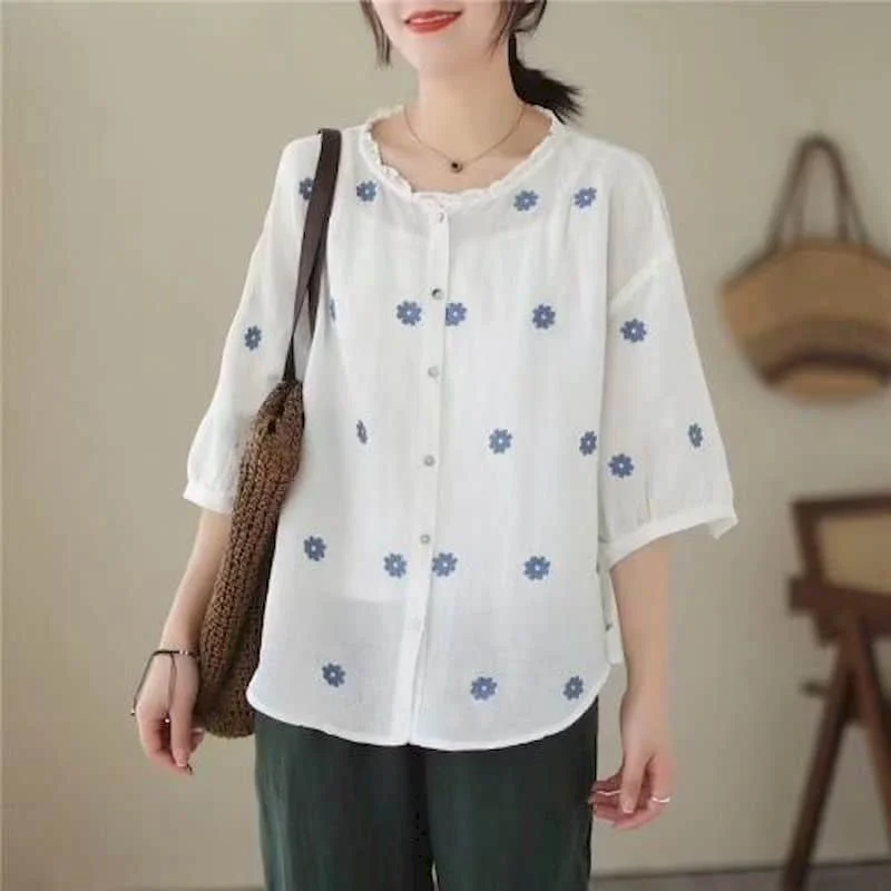 

Floral Shirts Women Literary Half Sleeve O-neck Casual Summer Loose Single Breasted Korean Style One Piece Blouse Women Tops